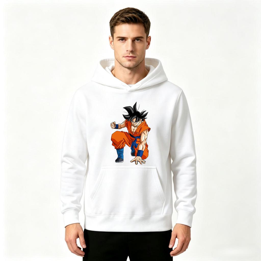 Men Anime Character Print Pullover Hoodie Casual Orange Pattern Long Sleeve Hooded Sweatshirt
