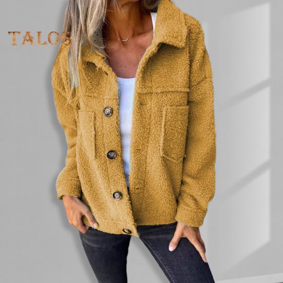 Winter Women Jacket with Double Pockets Thick Fleece Button Closure Cardigan Long Sleeves Warm Windproof Heat Retention Outdoor Coat