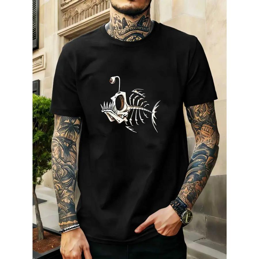 Summer 2D Printed Trendy Minimalist Men's T-Shirt with Monkfish Bone Print Casual Versatile Pullover 100% Cotton T shirts