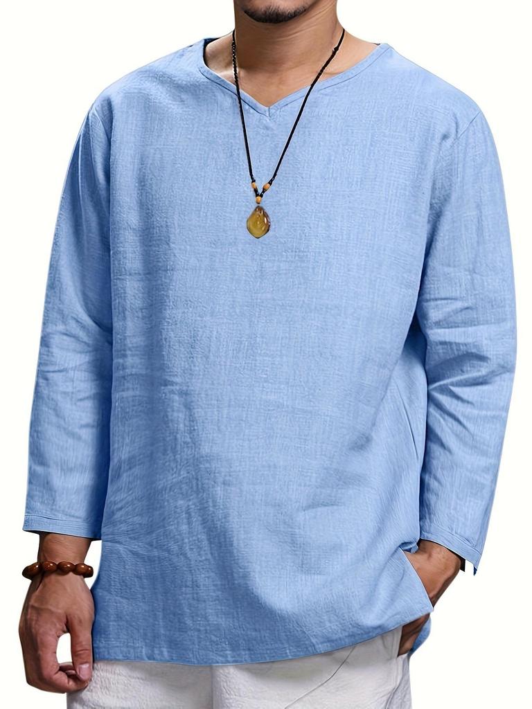 Мужская весенняя 2024 года повседневная рубашка с V-образным вырезом и длинным рукавом из льна и хлопка