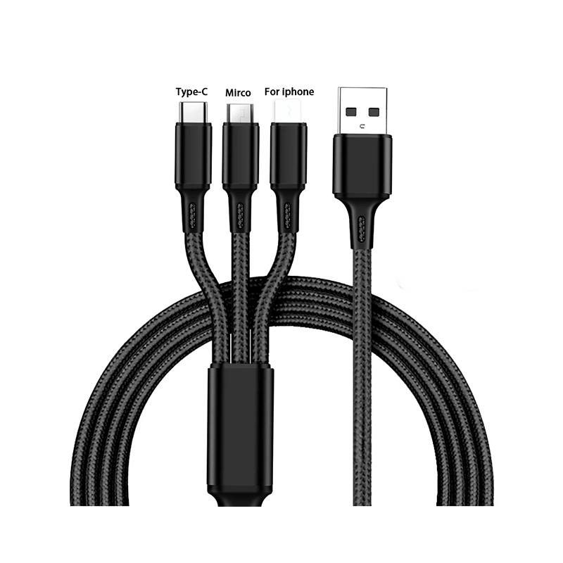 Weaving One To Three Data Cables Usb Port Multiple 3In1 Micro USB Type C Charger Cable For Ios/Android/Type-C USB Charging Cable