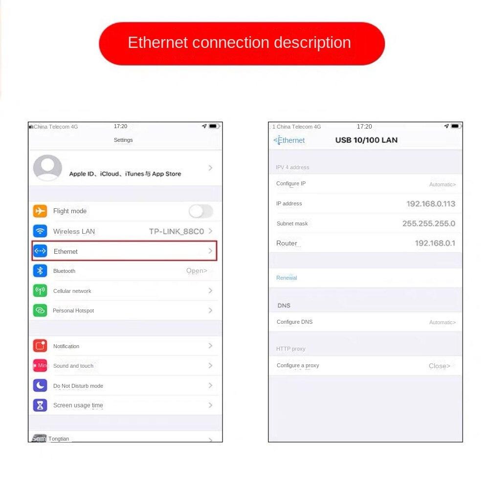 Конвертер сетевого кабеля мобильного телефона Apple, подключение Ipai к адаптеру Ethernet, подключение iPhone к ТВ-проекции с одним и тем же экраном