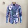 Men Shirt Glossy Surface Turn-down Collar Single-breasted Long Sleeves Buttons Satin Club Party Disco