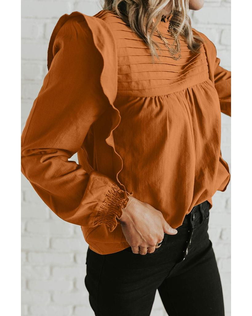 Azura Exchange Блузка Camel Solid Color Stand Neck с оборками и рукавами-фонариками
