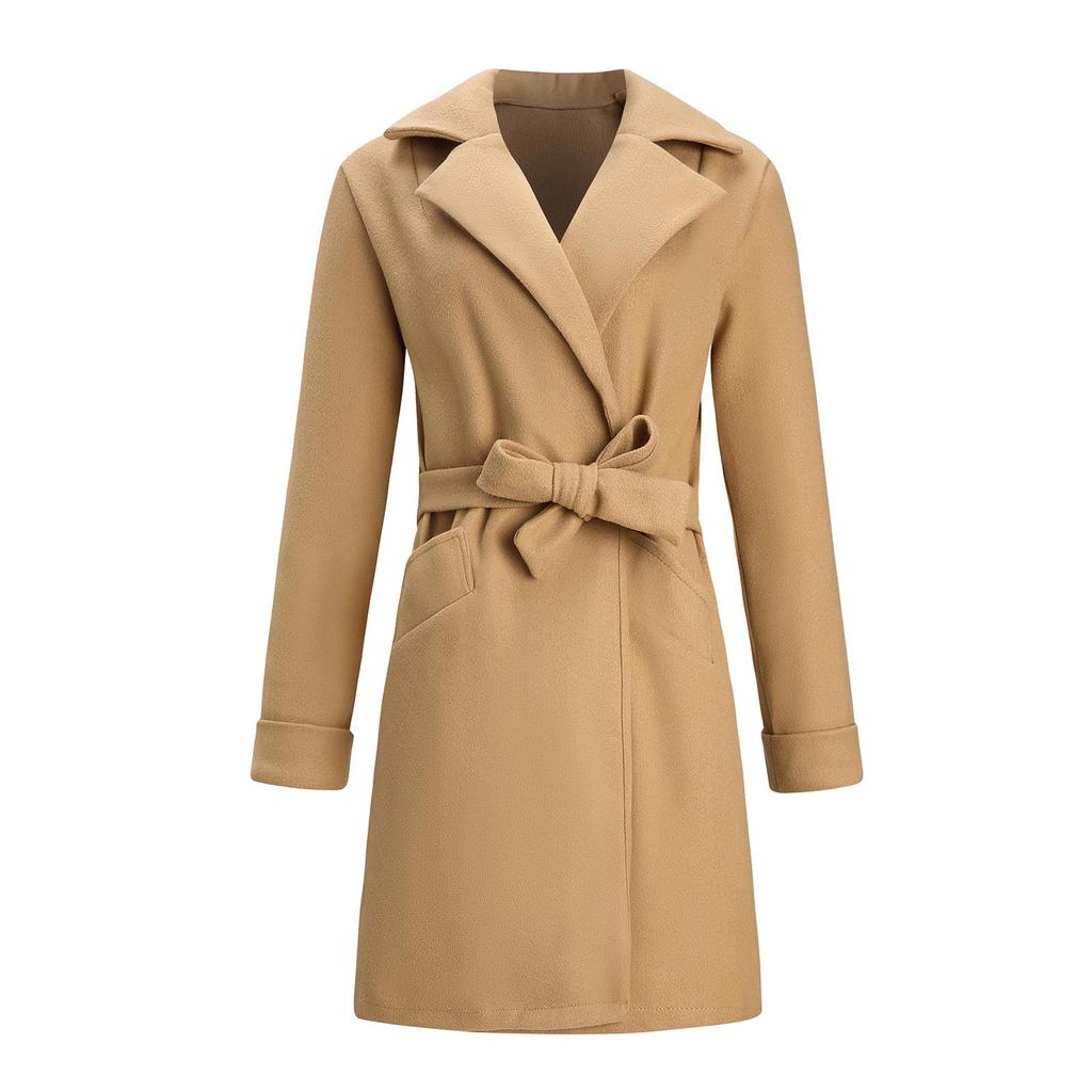 Autumn Winter Coats For Women Wool Blend Long Jackets Turn Dowmn Collar Slim Belt Bandage Outerwear Overcoat