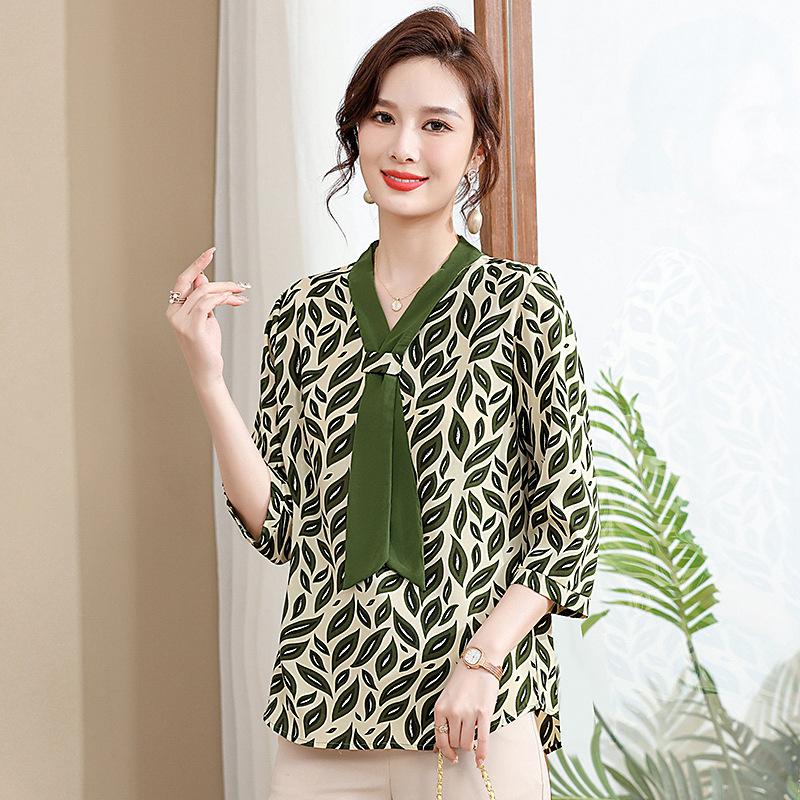 Летняя шифоновая рубашка с рукавами семь четвертей для мам среднего возраста, футболка в иностранном стиле, женская рубашка на весну и лето 2024 года, новая база