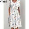 Женская мода лето весна цветочный узор принт короткий рукав О-образный вырез свободная талия повседневные платья
