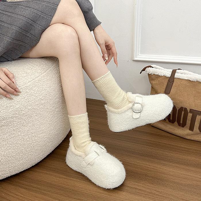 Retro white thick-soled heightening velvet casual shoes women's new winter thickened warm fluffy snow cotton shoes