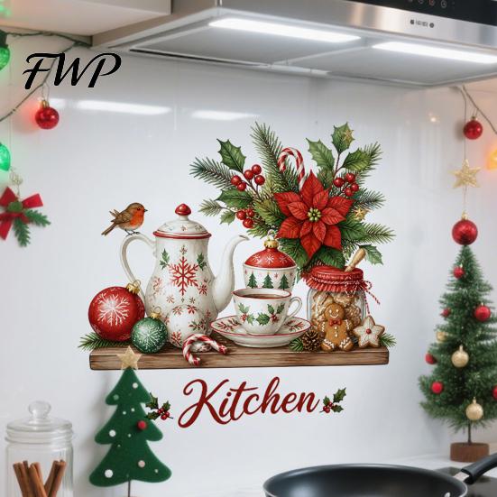 Holiday Theme Tile Stickers for Kitchen Christmas Kitchenware Utensil Wall Stickers, Teapot Cup Balls Flowers Decal, Removable Vintage Style Covering