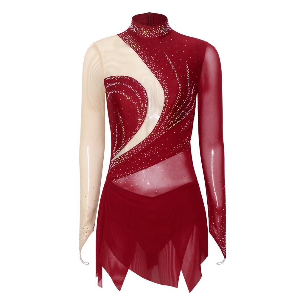 Women‘s Sparkly Rhinestone Leotard Dress Sheer Mesh Long Sleeve Mock Neck Color Blocking Asymmetrical Hem for Figure Skating Latin Performance