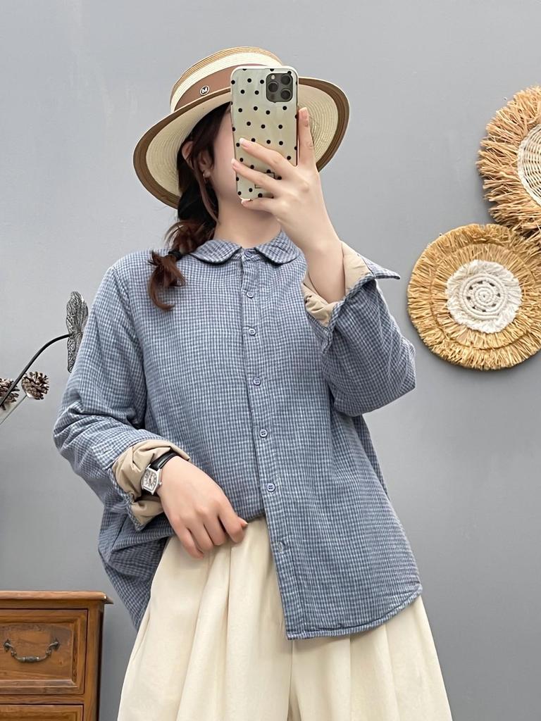 Стильная женская стеганая рубашка-куртка в клетку с хлопковым наполнителем - Коллекция Осень/Зима 2025, Теплый повседневный топ (Стиль 86536)