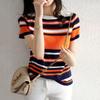 Spring Summer Color Blocked Striped Short Sleeved T-shirt Women's Round Neck Contrasting Knit Sweater Top