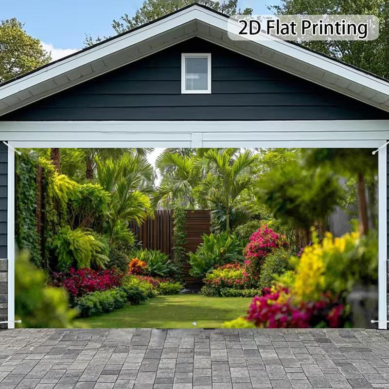 2D Colorful Flower Palm Tree Lawn View Garage Door Banner Garden Backdrop