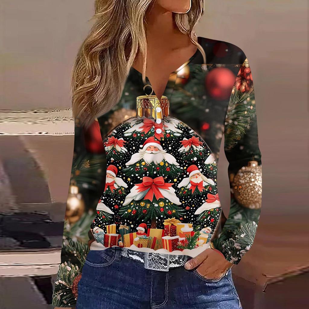 Женская футболка с рождественским принтом на пуговицах с длинным рукавом, повседневная, выходного дня, модная, базовая, с V-образным вырезом, обычная