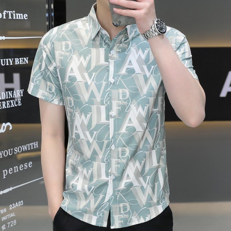 Shirt Men's Versatile Summer Trend Summer Gang Handsome Short-sleeved Ice Silk Shirt Short-sleeved Thin Section of Men's Casual Tops