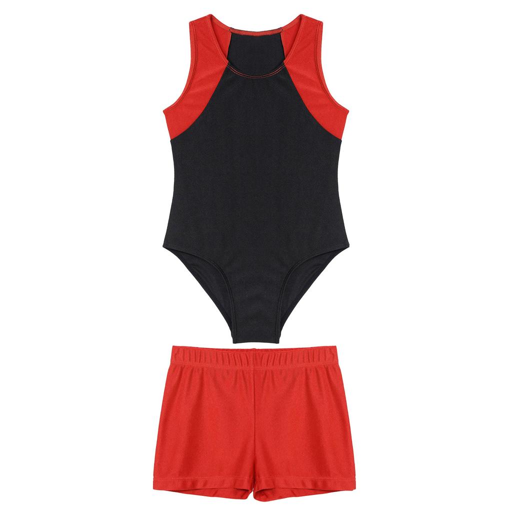 Kids Boys Round Neck Sleeveless Leotard Bodysuit Jumpsuit with Shorts Set for Gymnastic Yoga Workout Competition