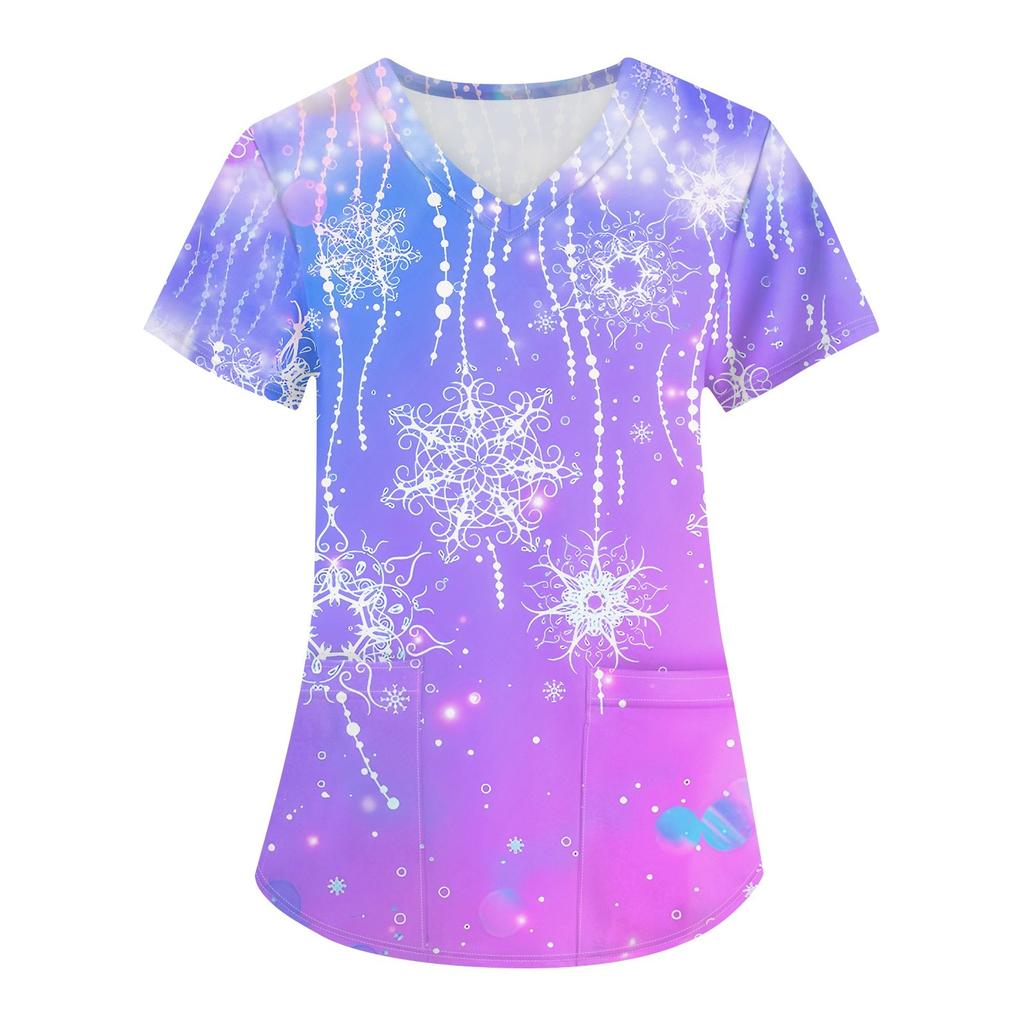 Women's Fashion V-neck Short Sleeve Workwear With Pockets Christmas Printed Tops