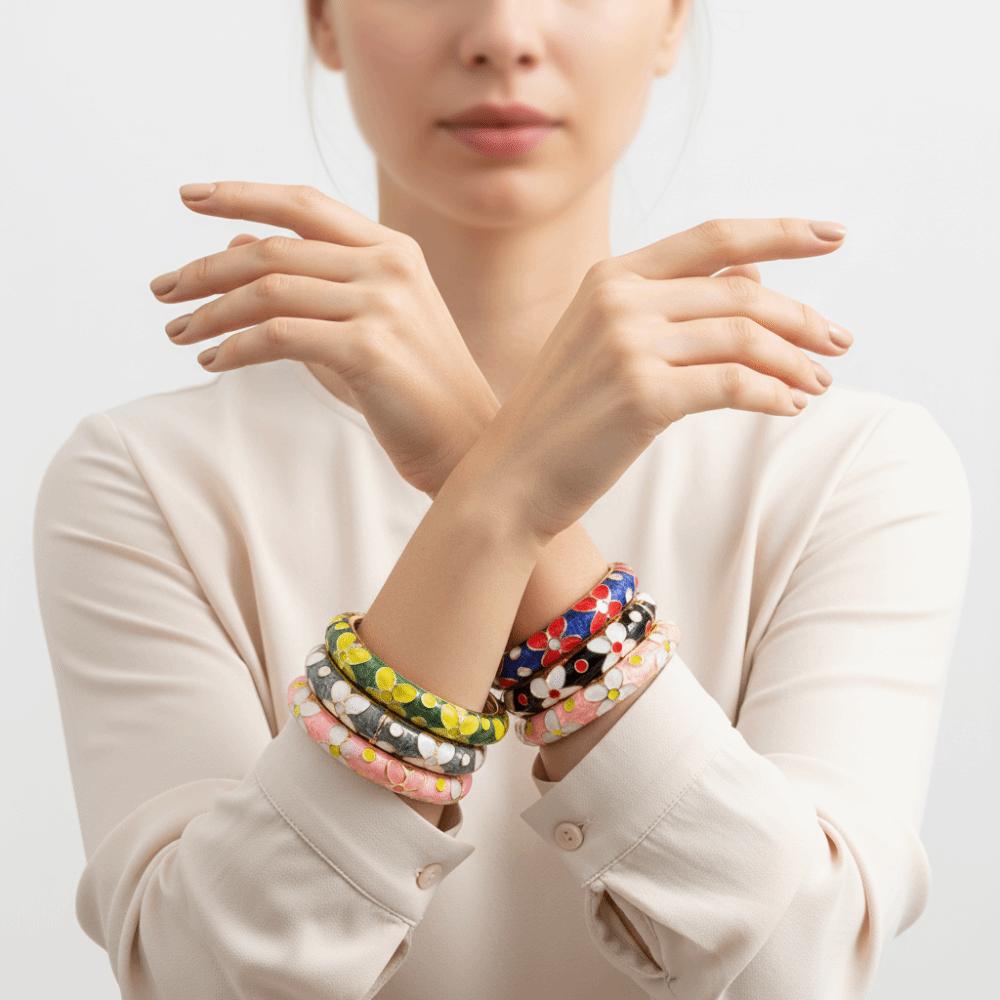 Chinese Style Enamel Flower Bangle Colorful Women's Hand Bracelet Vintage Cloisonne Bangle  Girls