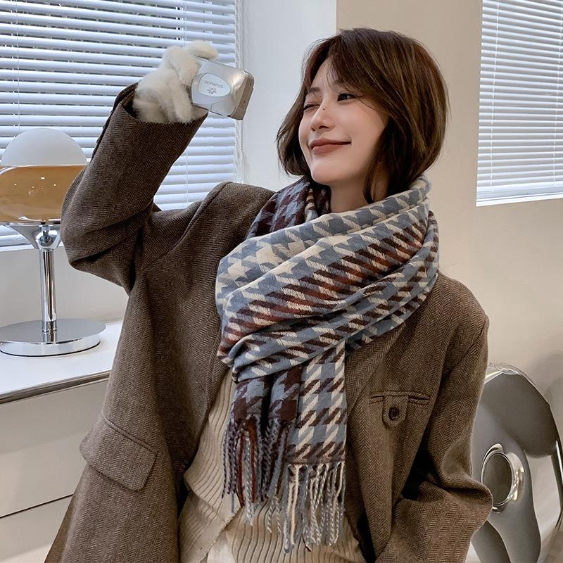 New Thickened Fringe Scarf WomenS Thousand Bird Plaid Cashmere Shawl Sunscreen Autumn And Winter Warm And Wind Proof Neckband Women