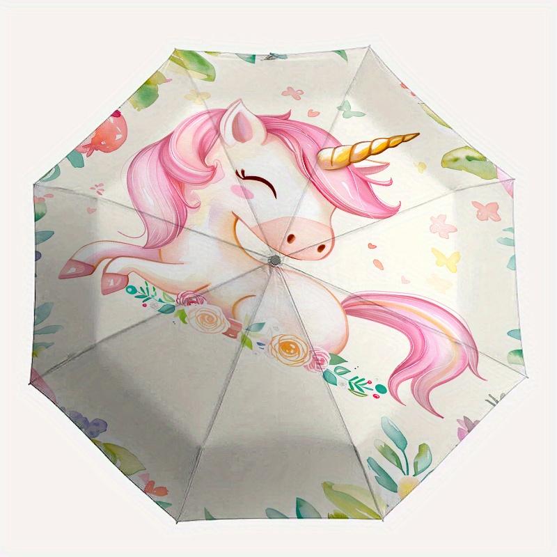 Unicorn, Floral Automatic folding umbrella simple eight rib design, bright color pattern, durable iron frame, ideal for travel and outdoor,