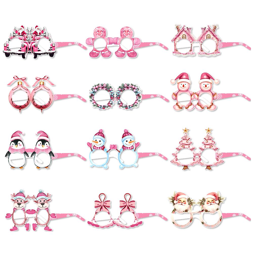 12pcs Pink Christmas Paper Glasses Snowman Penguin Reindeer Bell Santa Claus Paper Glasses Frame Christmas Photo Props Kid Gift