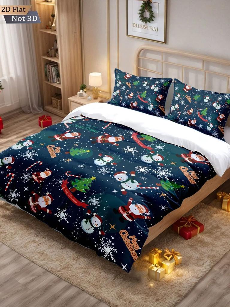 3Pcs Cartoon Santa Claus Print Coreless Bedding Multi Size Bedroom Duvet Covers, Soft And Machine Washable Decoration