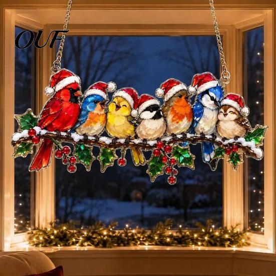 Christmas Tree Ornament Bird Window Hanging Ornament, Stained Glass Effect Suncatcher with Atmosphere Enhancing Art Metal Chain, Colorful Decorative
