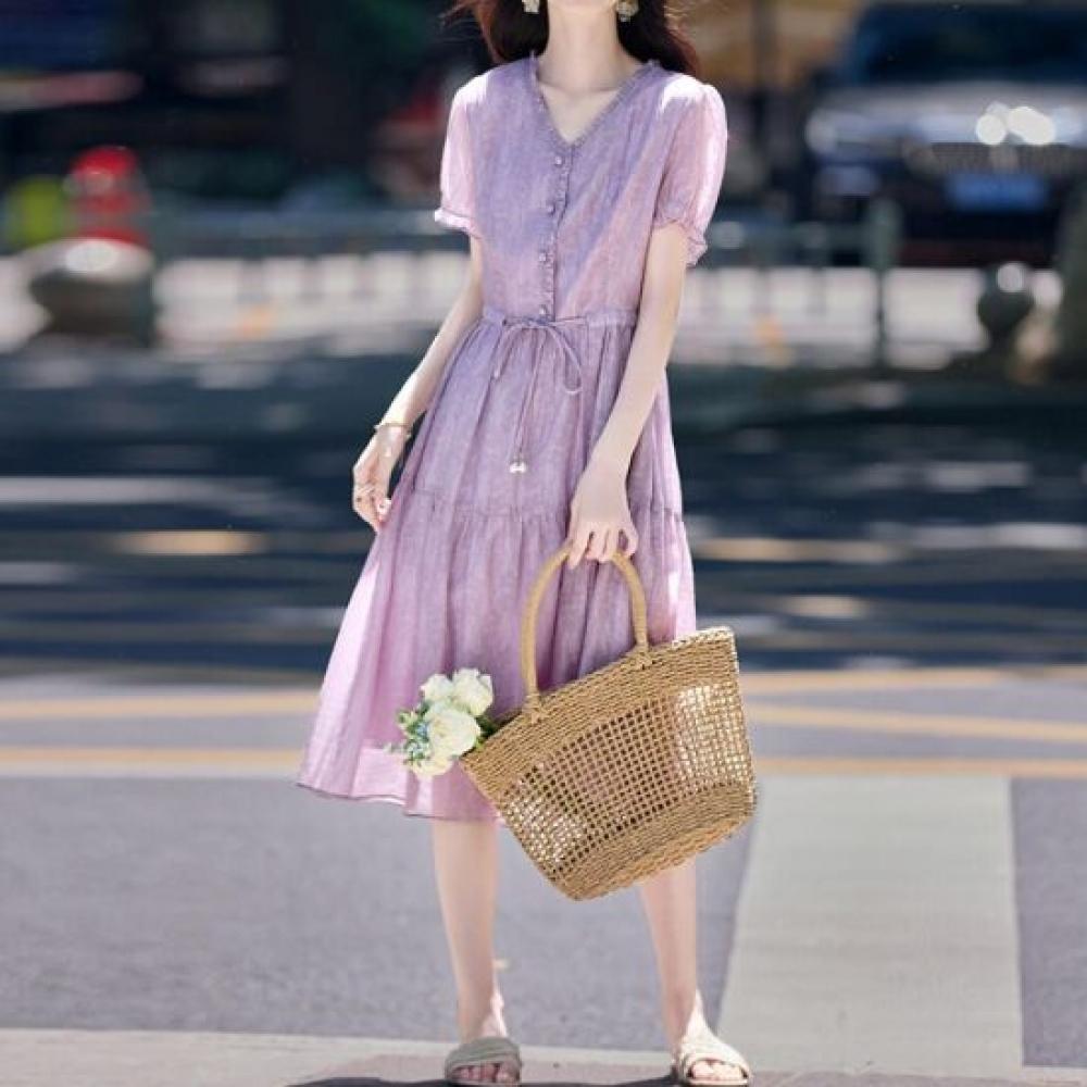 NaVaVa Women LoVely Waist Tie Thin Shirring V Neck Short sleeVe Dress No969