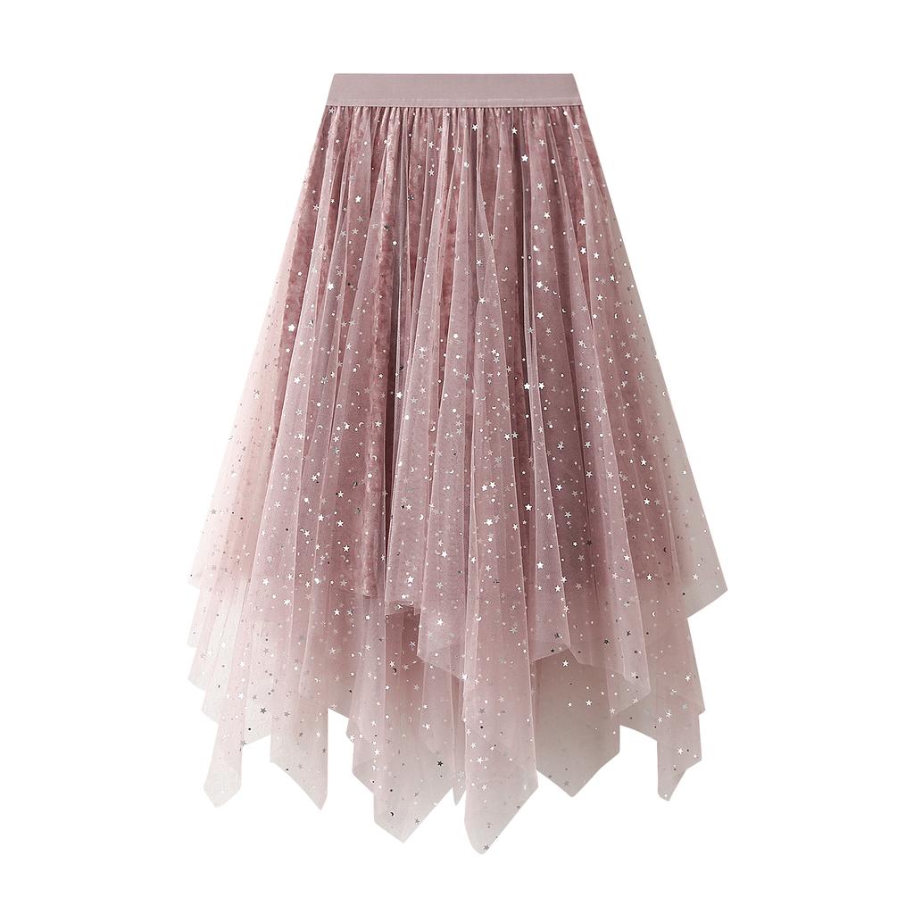 Women Irregular Tulle Tutu Skirt Casual Shiny Star Sequin Elastic Mesh Princess Skirt for Streetwear