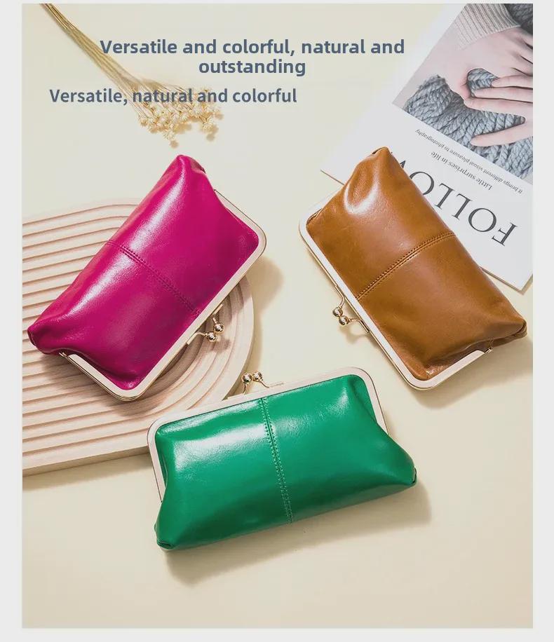 Women's Retro Long Genuine Leather Wallet Handbag - Large Capacity, Waxed Gold Clip Style