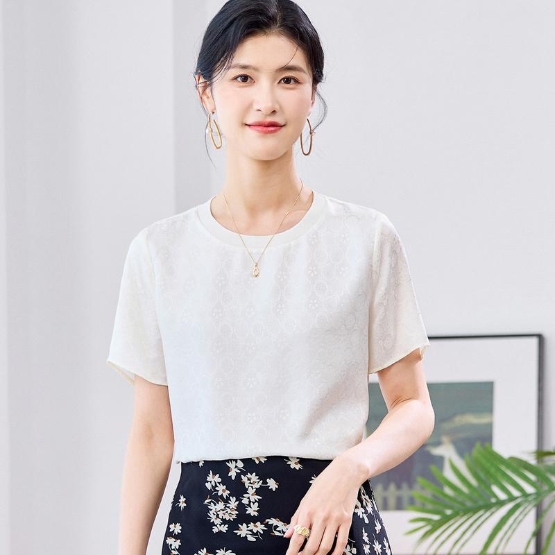 19mm Mulberry Satin Jacquard Pullover T-Shirt for Women