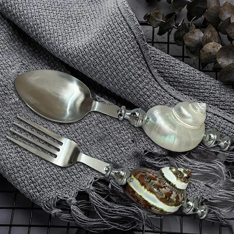 Столовая вилка из ракушки Ручка из натуральной раковины ракушки Форма ракушки Ложки для перемешивания Нержавеющая сталь Ретро Сахарная ложка для перемешивания кофе