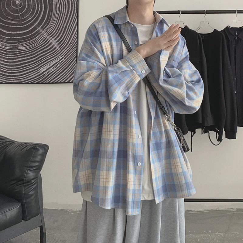 Мужская клетчатая рубашка с длинным рукавом в стиле ретро, корейский стиль, весна/осень