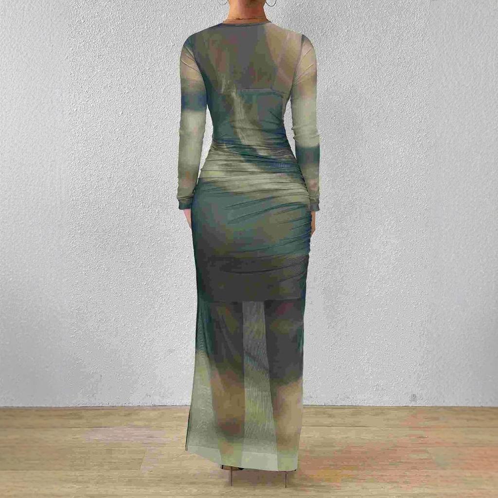 Cross-border women's dress, women's commuter tie-dye pleated slim crew neck long-sleeve dress, summer women's high-end temperament