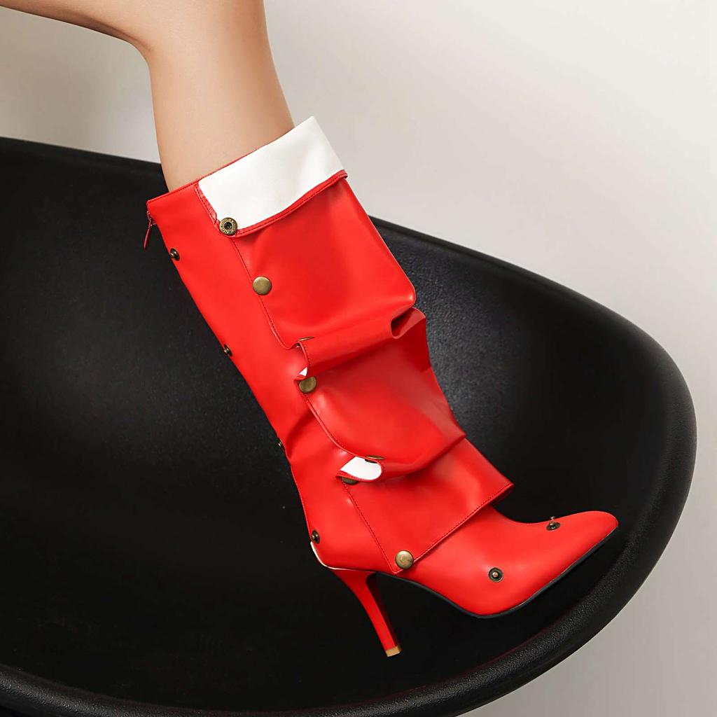 Lenkisen PU Осенне-зимние туфли с острым носком на шпильках Тонкие высокие каблуки Металлические заклепки Сохраняют тепло Модные сапоги до колена