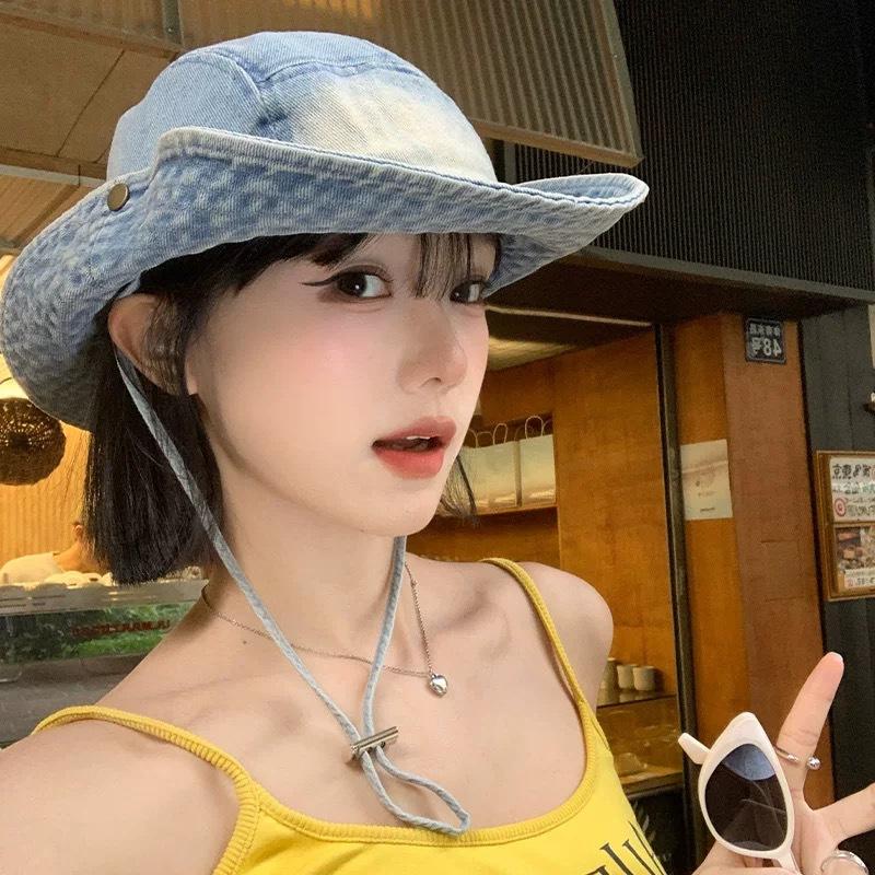 Washed denim mountaineering hat women's spring new outdoor big brim bucket hat sunshade sunscreen hat