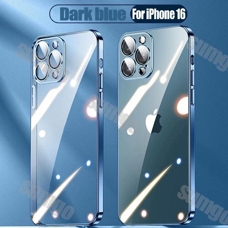 Silicone High Quality Plating Transparent Case For iPhone 16 15 14 13 12 11 Pro Max 16 Plus Lens Protector Shockproof Soft Cover