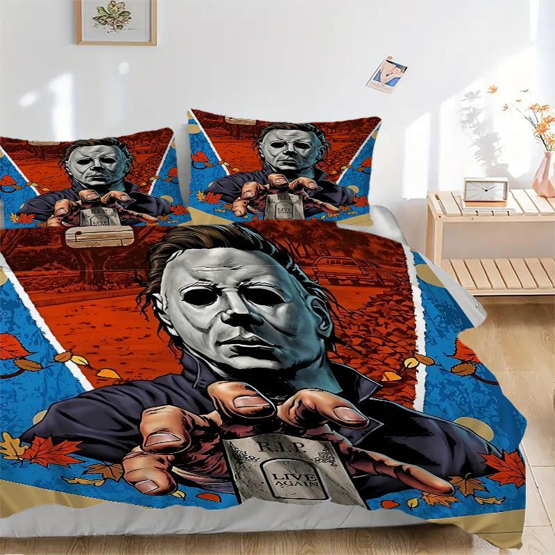 3pcs Halloween Michael Myers Horror Movie Poster Comforter Set with 1 Quilt Cover and 2 Pillowcases (No Core), Home Decor, Holiday Gift