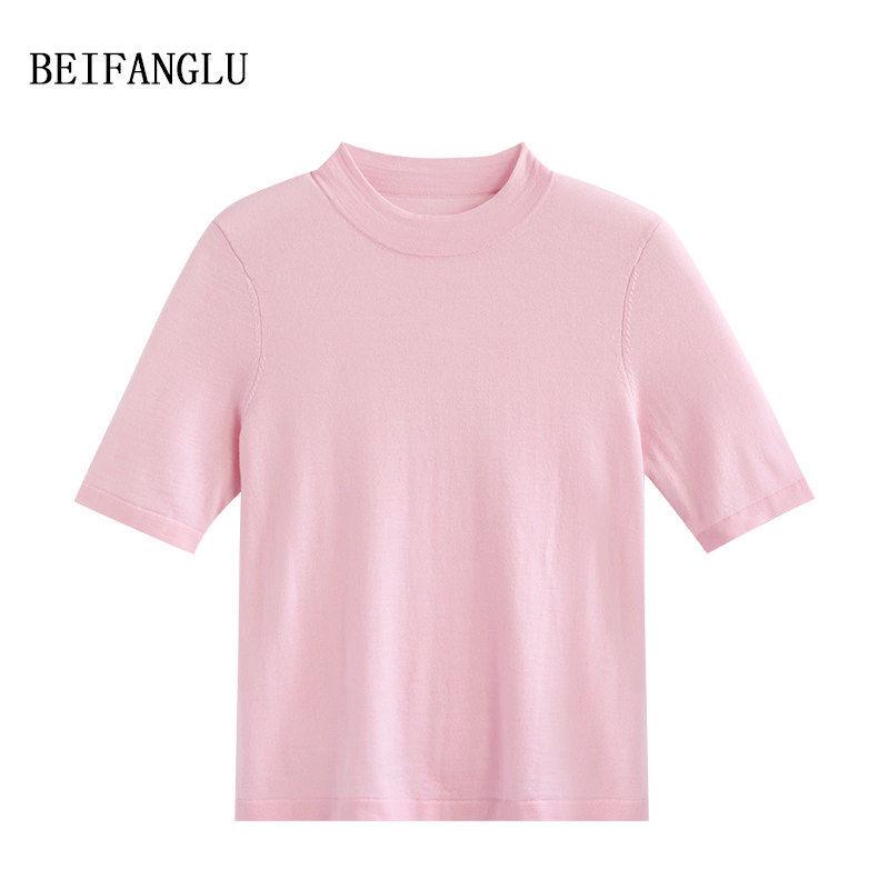 Northern Deer Women's Fine Wool Knit Short Sleeve T-Shirt with Half-High Collar