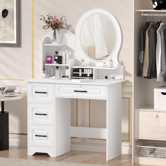 Home Vanity Desk Makeup with Mirror, Large Storage Shelves, 4 Drawers, Table Light, Bedroom Dressing