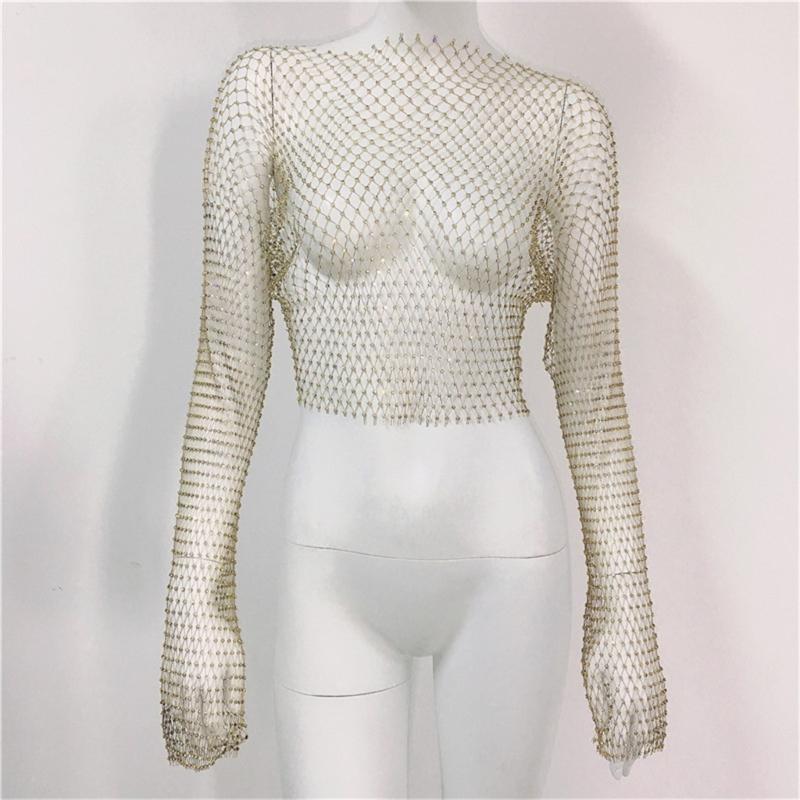 Women Rhinestones Mesh Flared Long Sleeve Crop Top Hollow Out See Through Fishnet Jewelry Cover Up Rave Party Clubwear