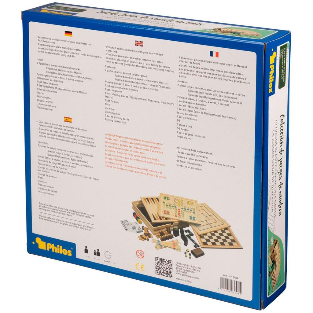 Philos Wooden Game Compendium 30cm 8 In 1 Board Game Nine Mens Playing Cards and Mikado Games for Kids and Adults - - - Chess, Backgammon, Draughts,