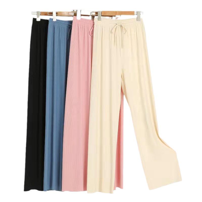 Женские брюки с высокой талией и широкими штанинами из ледяного шелка на весну/лето - Свободные, стройнящие, длиной до пола.