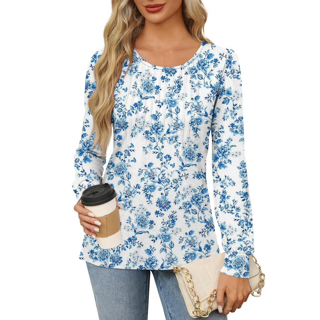 Рубашки с длинным рукавом для женщин, футболки с милым принтом и графикой, блузки, нарядные повседневные блузки, плиссированные топы-туники с овальным вырезом