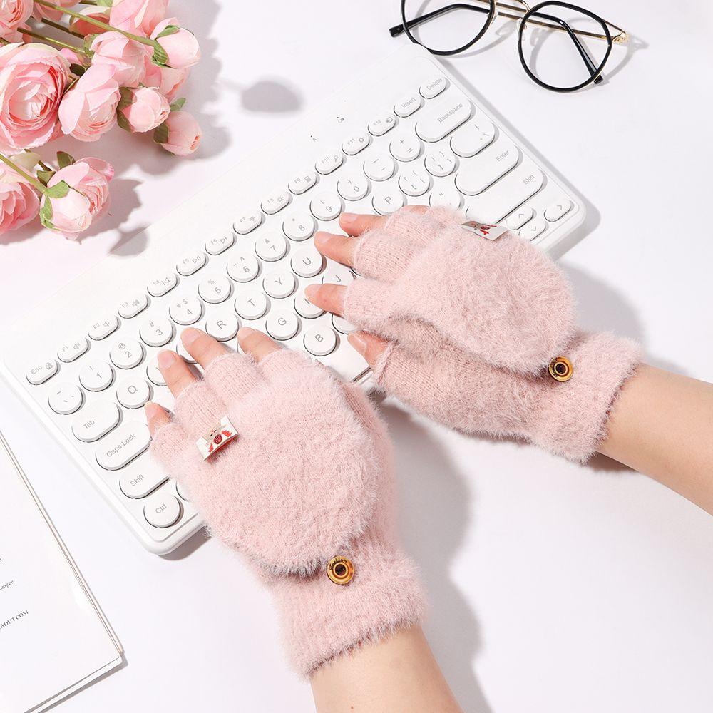 Women's Fashion Keep Warm Plush Flip Cover Half-finger Fawn Winter Gloves