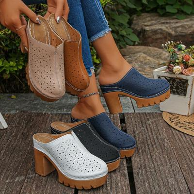 Женские замшевые шлепанцы на высоком каблуке большого размера, летние, в европейско-американском стиле, с резным полым закрытым носком и толстым блочным каблуком