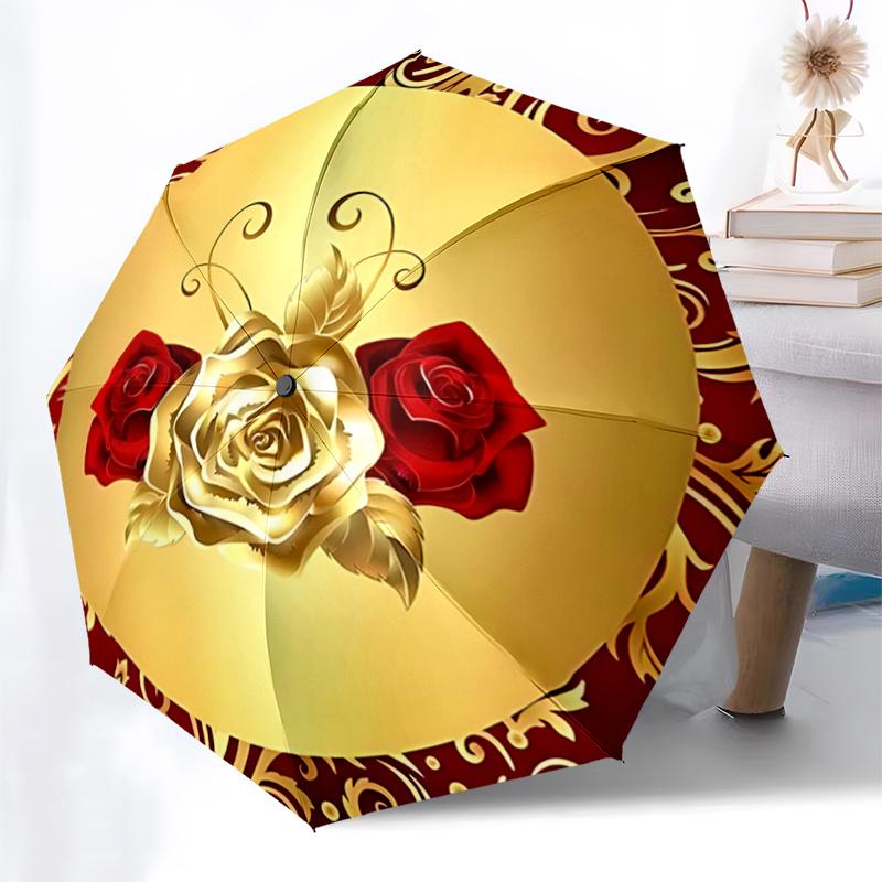 Golden Rose Design Automatic Opening/Closing Umbrella with Elegant Red and Gold Pattern Portable Folding Design,8 Rib Iron Frame Outdoor
