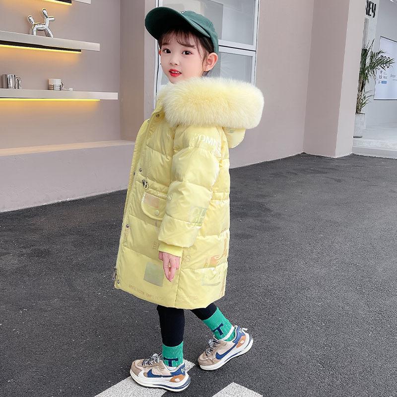 Children's Down Jacket Mid-length Shiny Winter New Style Fashionable Baby Girl Winter White Duck Down Jacket