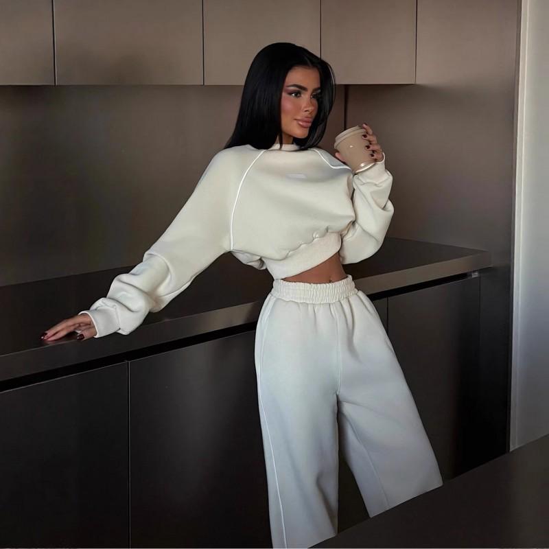 Womens 2026 Streetwear Cropped Hoodie High-Waist Joggers Set - Colorblock Design Slim Fit Long Sleeve