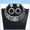 Fashion Solid Color Hollow Design Women Metal Necklace Collar Round Earring Set For Casual And Party Wear